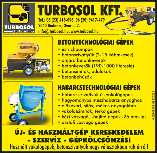 betonkeverő, betonsimító, vakológépek, betonszivattyúk, betonbehúzók